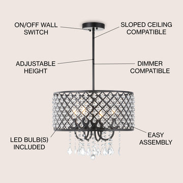Gigi Metal/Crystal Adjustable LED Drop Chandelier - JONATHAN Y